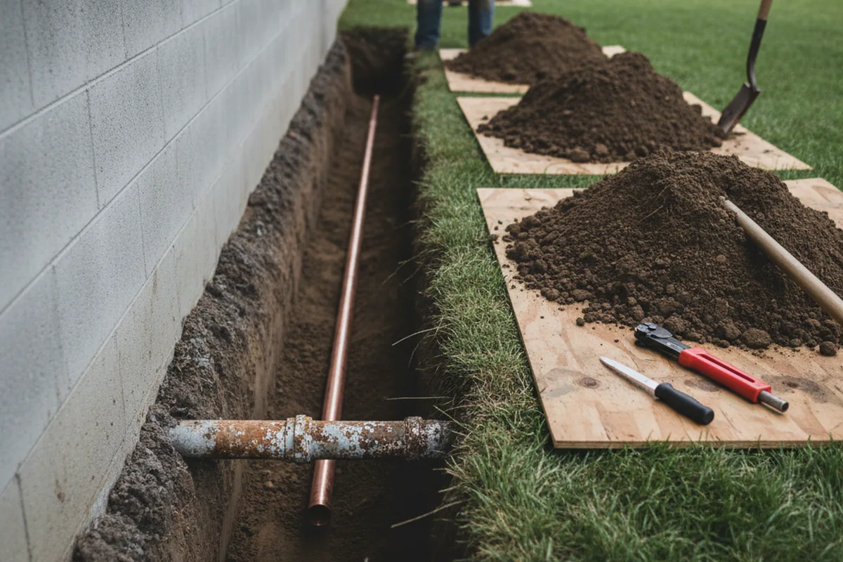 Excavated water line trench during Water Softener Installation in Glenbrook